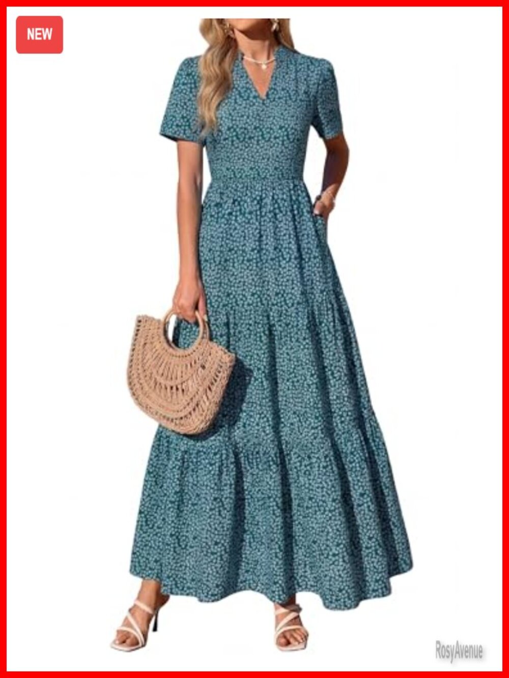 Womens Floral Boho Flowy Maxi Dress V-Neck Tiered A-Line Short Sleeve